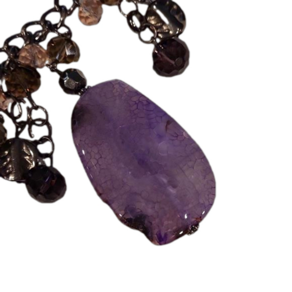 Olé necklace with 3 Amethyst agate pendants and dangled smokey beads and charms - Picture 3 of 6